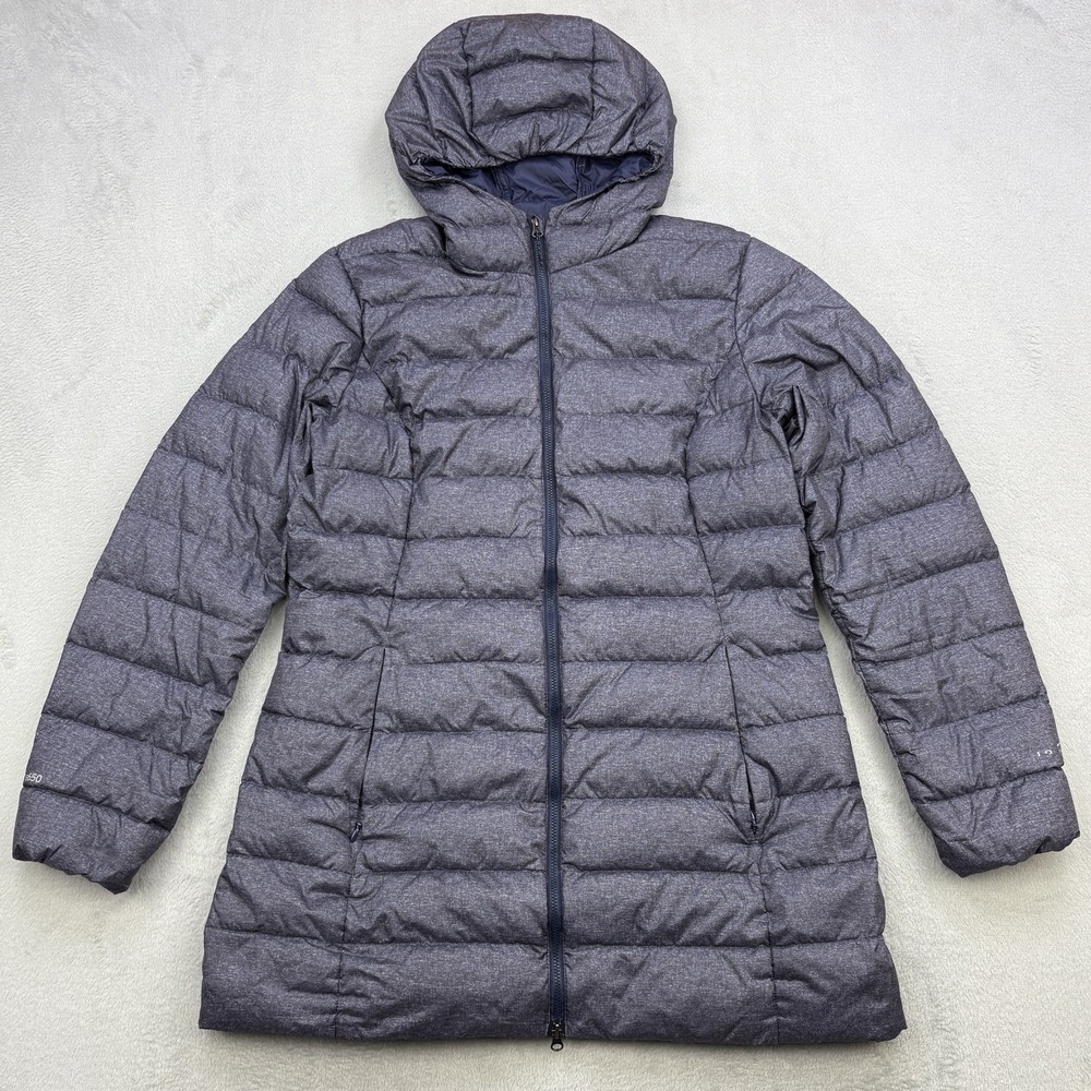Eddie Bauer Jacket Womens Medium Gray EB650 Down Fill Hooded Puffer Parka Long
